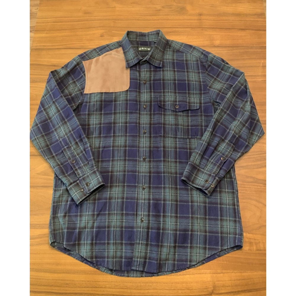 Orvis Shooting Shirt Mens L Green Plaid Hunting Patch Button Up Outdoor Gorpcore
